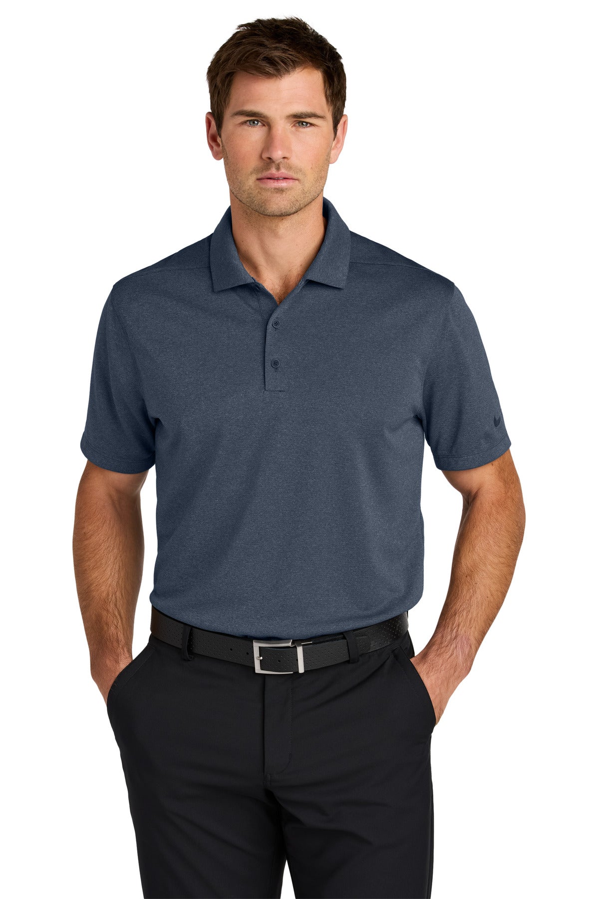 Nike Dri-FIT Smooth Heather Polo in navy heather, front view showing lightweight, moisture-wicking fabric and classic polo design.