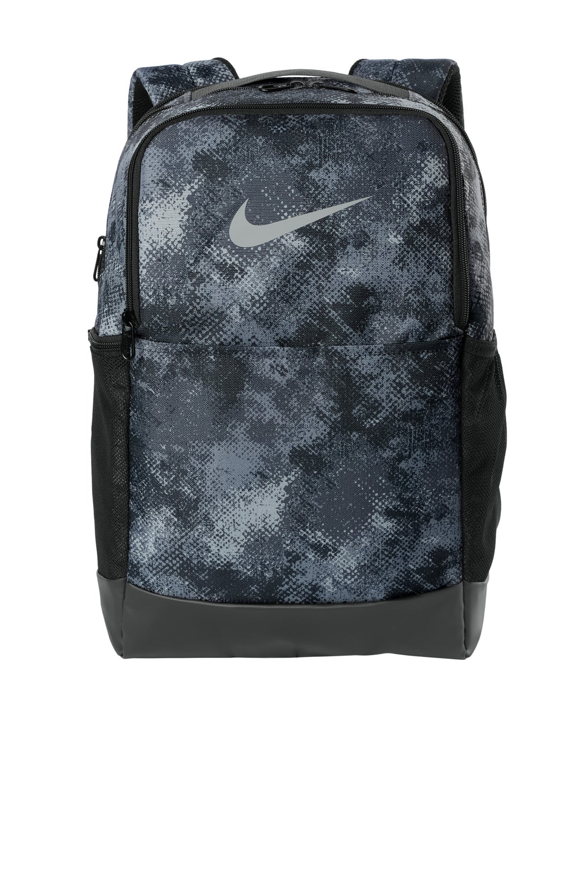 Nike Brasilia Camo backpack in iron grey with front zipper pocket and adjustable straps, durable and stylish for everyday use.