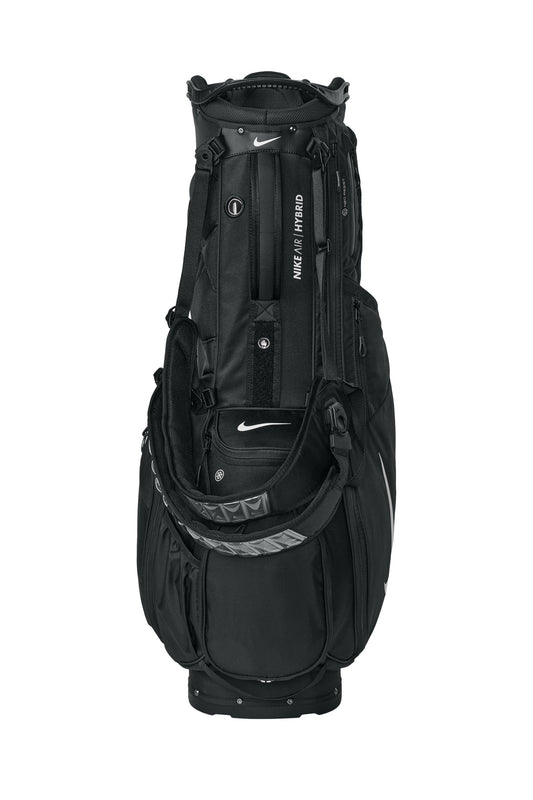 Nike Air Hybrid 2 golf bag in black, front view showing multiple compartments and sturdy design for golf clubs.